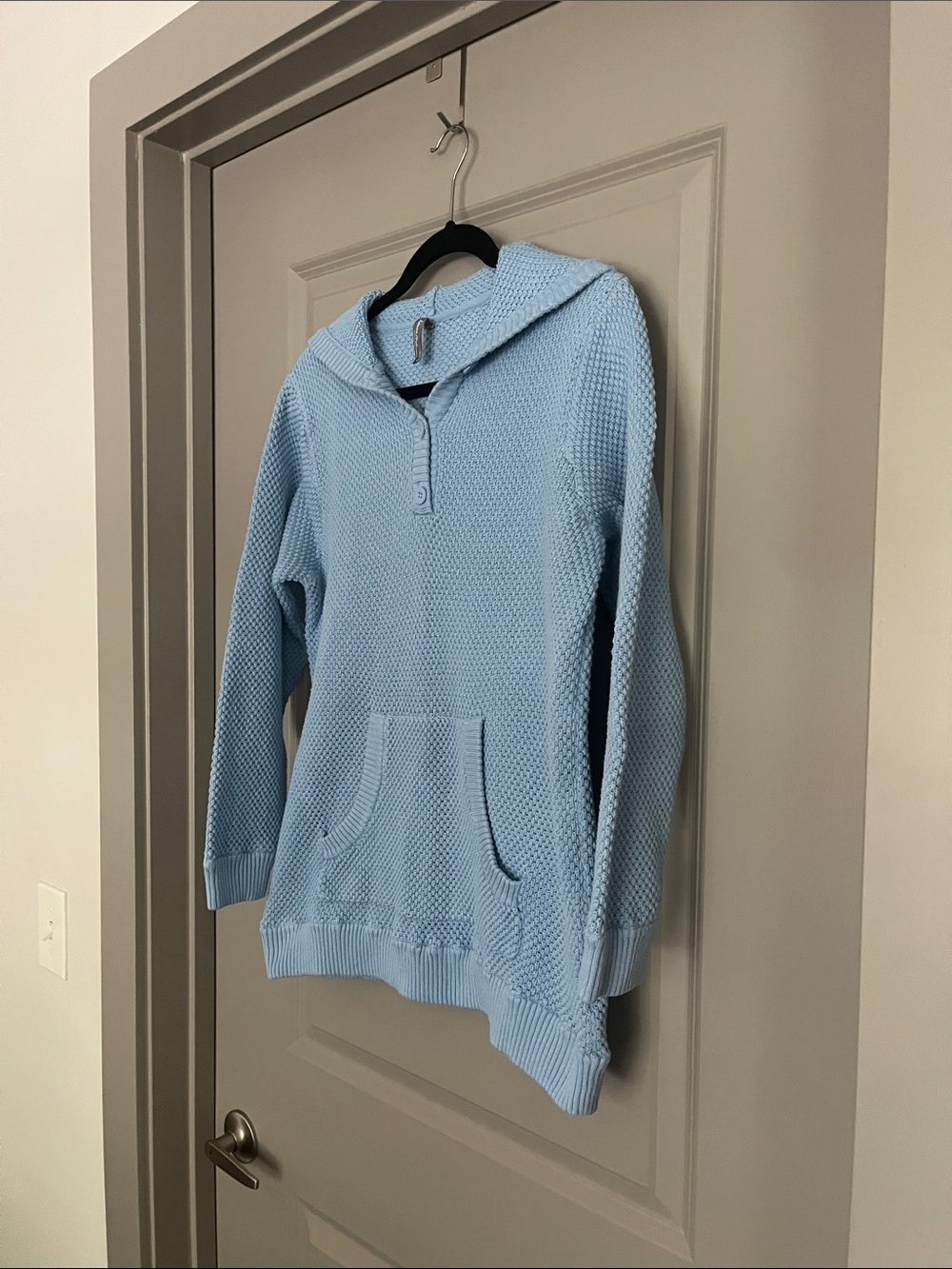 Hanna Andersson Light Blue V-Neck Knit Sweater Hoodie Tunic 100% Cotton